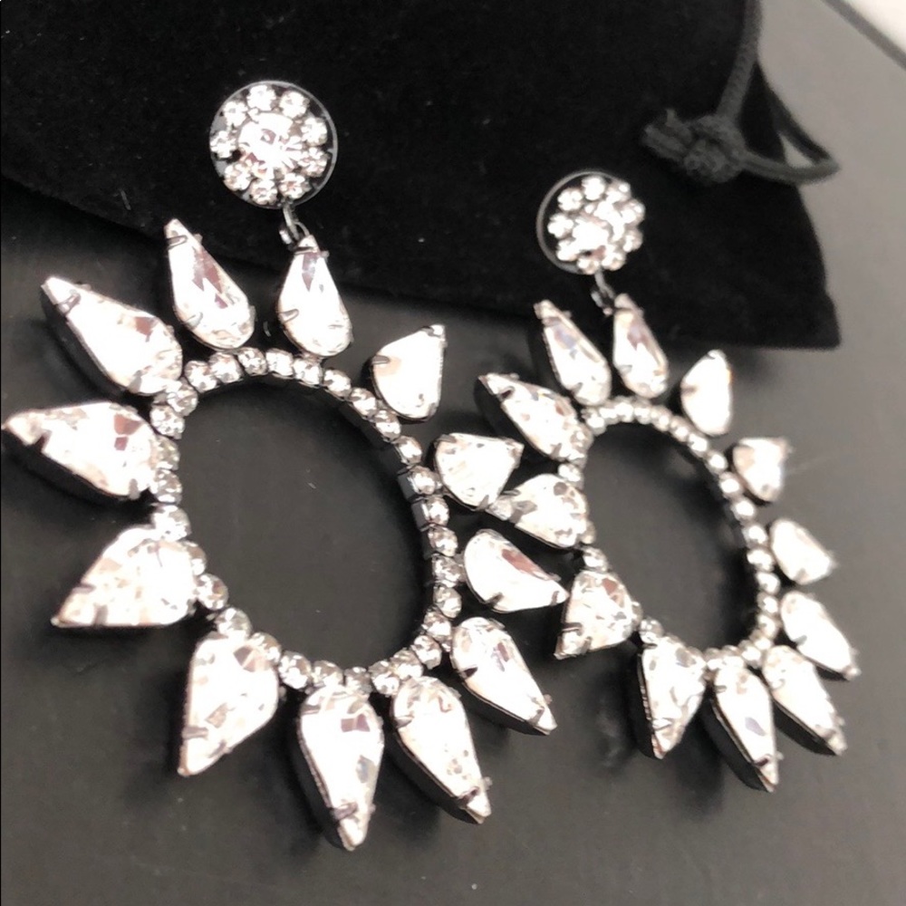 GUNMETAL CRYSTAL OPEN CIRCLE DANGLING EARRINGS - Picture 12 of 16
